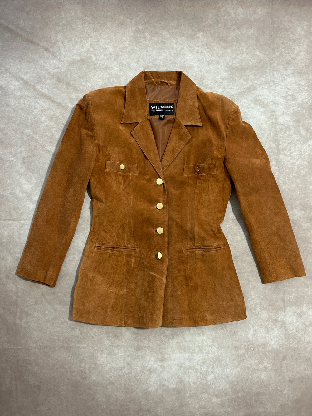 Vintage Wilsons 100% Leather Chestnut Suede Tailored Blazer Jacket Gold Buttons